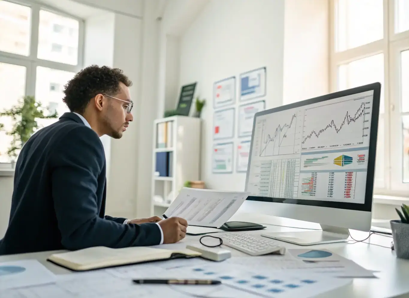 An image of a financial analyst reviewing digital loan documents on a sleek computer interface, with AI data visualizations overlayed.