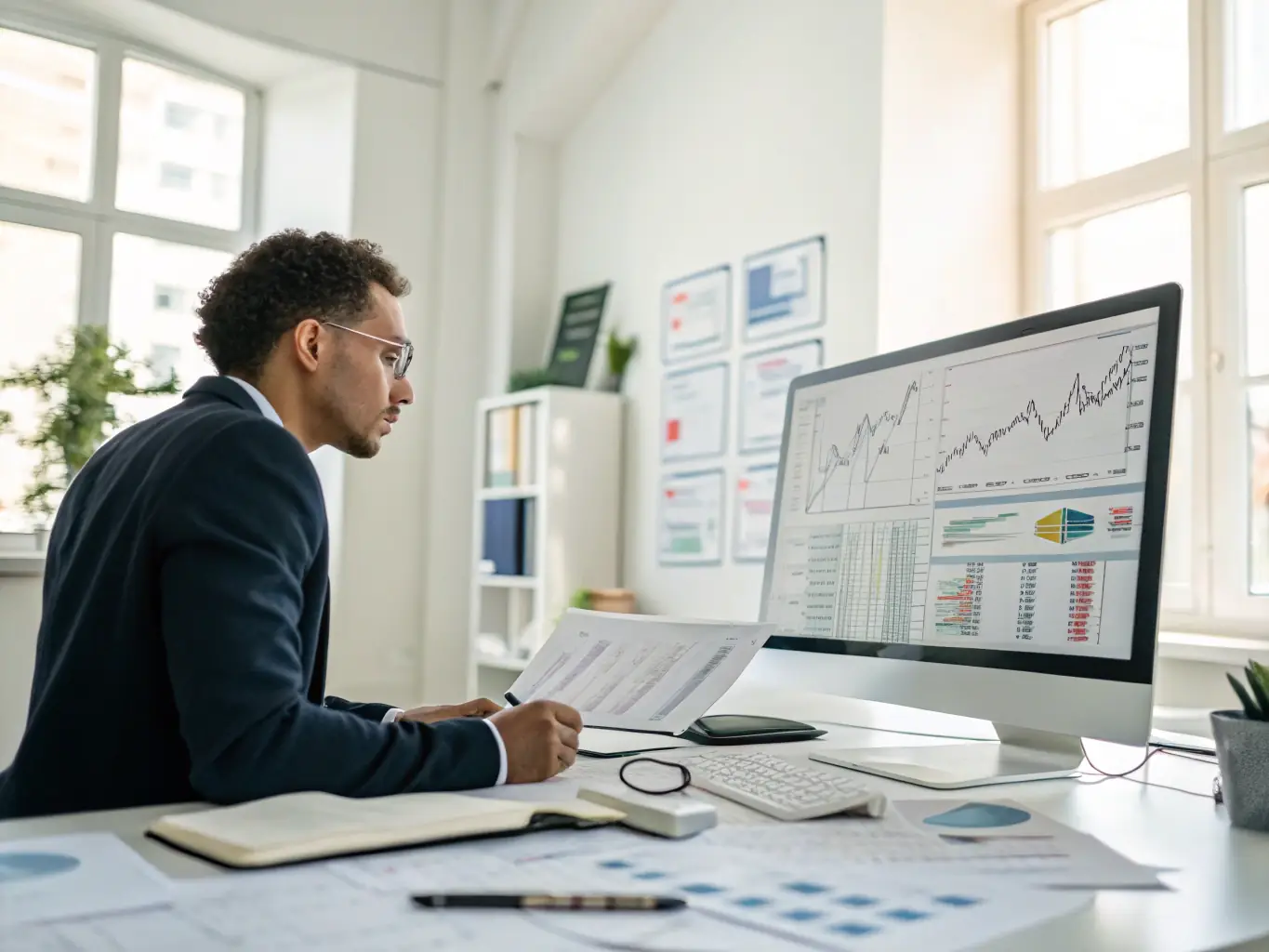 An image of a financial analyst reviewing digital loan documents on a sleek computer interface, with AI data visualizations overlayed.