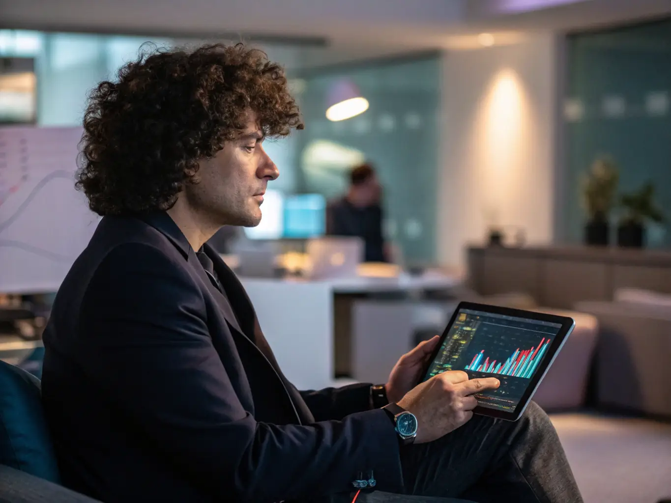 A professional business owner reviewing a detailed, AI-generated business plan on a tablet, with financial charts displayed.