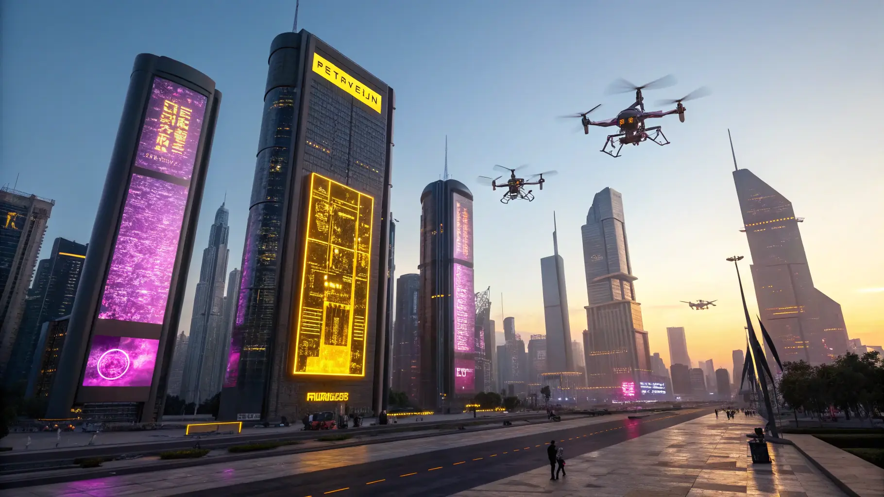 A futuristic cityscape with buildings being negotiated by AI agents.