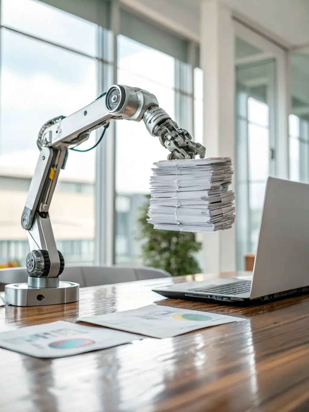 An AI-generated image depicting a robotic arm collecting various financial documents from different sources, symbolizing automated document collection for loan applications.